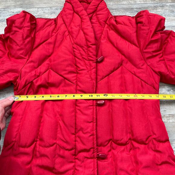 Down Vintage Jacket Red Puffer Long Trench Coat Winter 80s Unique Bright Large - Picture 6 of 9